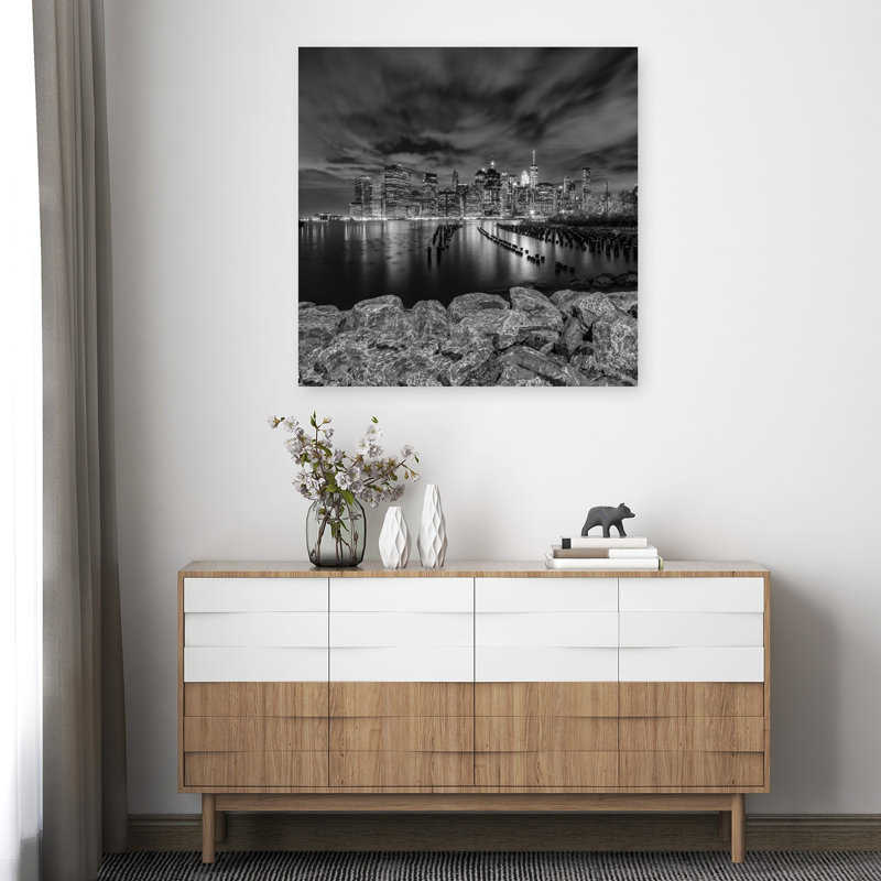 Manhattan Night Skyline Modern Abstract Architecture City Wall Art Print, 36" H x 36" W