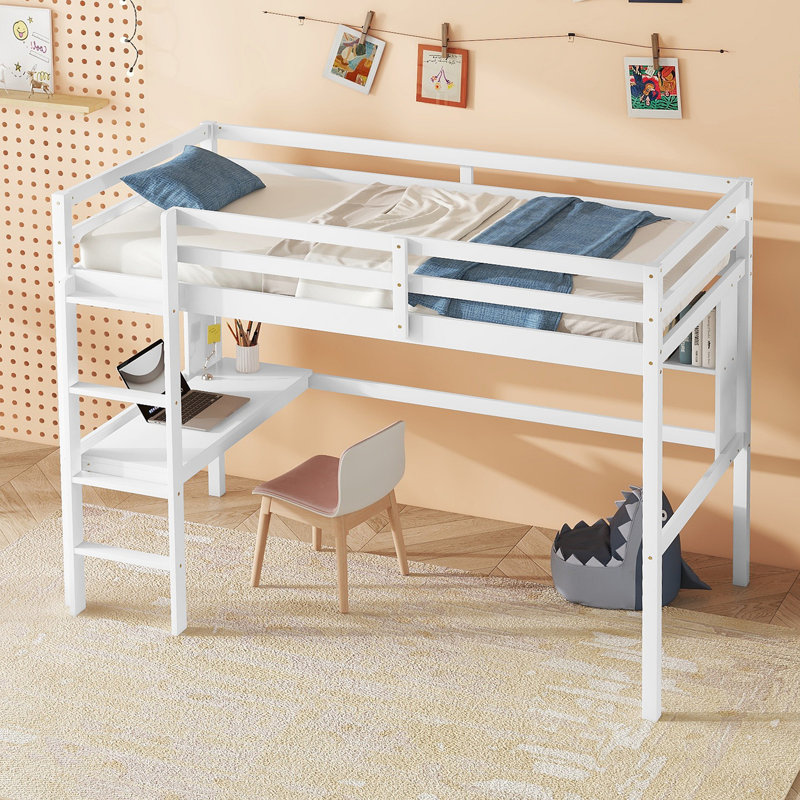 Lit mezzanine simple avec bureau et tablettes, barrière de sécurité et échelle, Blanc