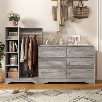 Wooded 6 Drawers Dresser With Clothes Hanging Rack,3-In-1 Wardrobe Closet For Bedroom