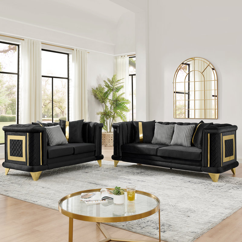 Ensemble de canapé de luxe en velours avec garnitures en acier inoxydable doré, design moderne Mid-Century pour les salons élégants
