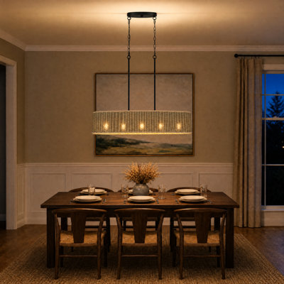 Luminaire suspendu en rotin 5 lumières à intensité variable pour îlot de cuisine Amissa