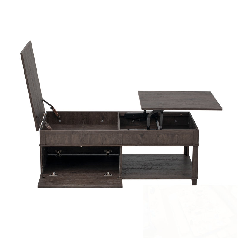 Table basse à plateau relevable avec compartiment caché et tablette ouverte, Antique Brown