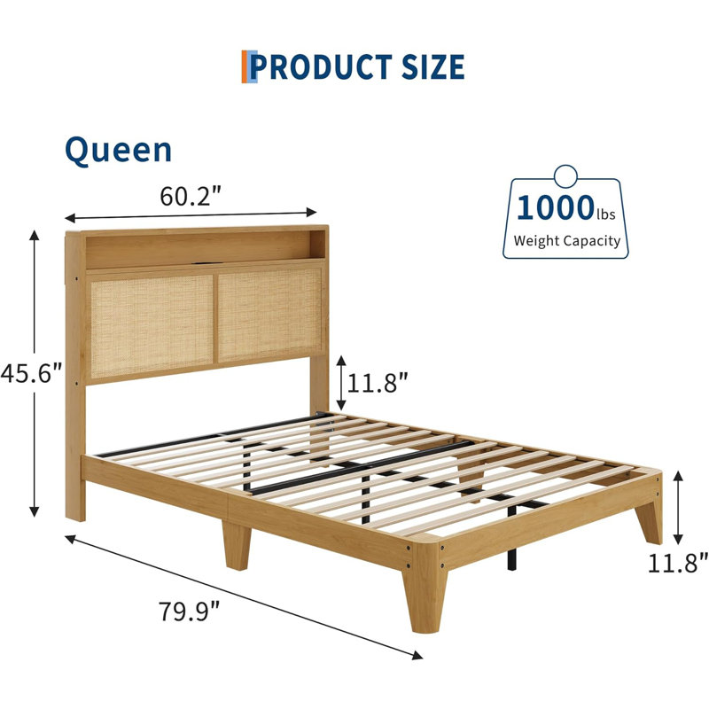 Queen Bed Frame with Natural Rattan Headboard, Bohemian Bed Frame with LED Lights & Charging Station, 2 Tier Storage Headboard, Under Bed Storage, No Box Spring Needed