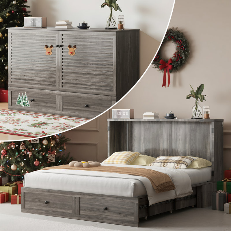Mjkone Queen Murphy Bed With Usb Charging - Space-saving Foldable Wall Bed Converts To Sleeper, Includes 4.7" Mattress & 2 Storage Drawers, 880lbs Capacity