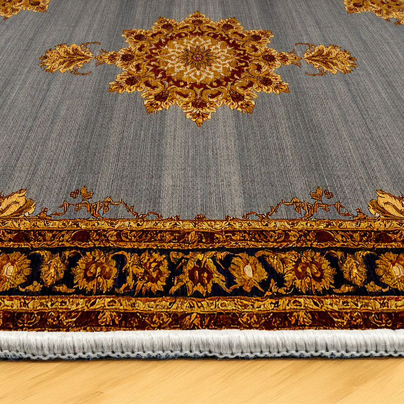 Girvin Yellow Gray Oriental Machine Printed Cotton Polyester Area Rug, Rectangle 5'3" x 9'11"