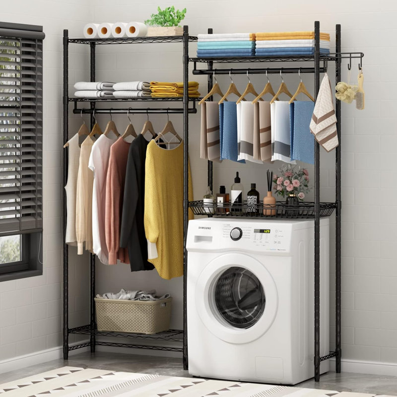 Black Adjustable Over Washer and Dryer Storage Shelf with Hooks