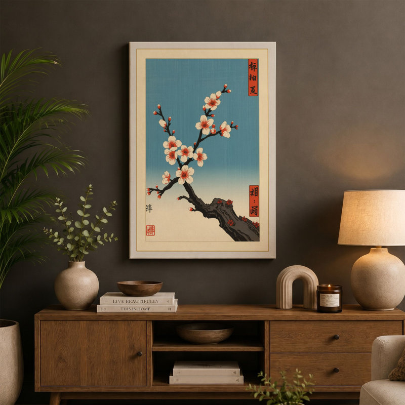 Spring Blossoms on Aged Branch Japandi - Wrapped Canvas, 18x12 - 45.7 x 30.5 cm, Teal Border