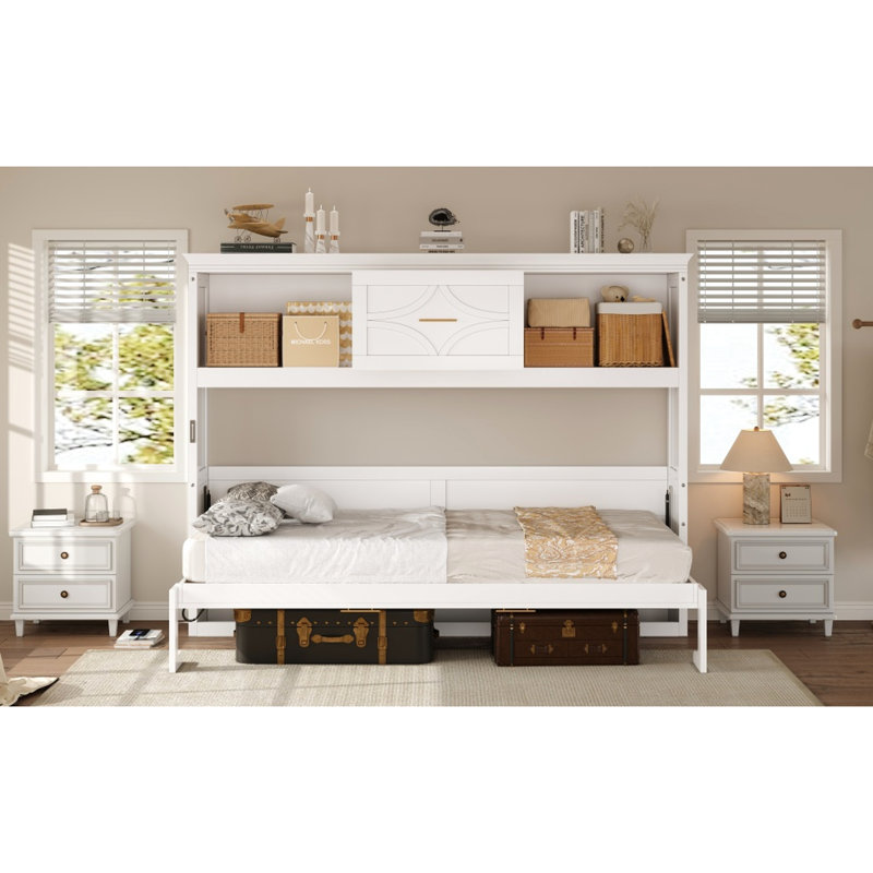 Lit simple blanc avec matelas de charge, tiroir et rangement - Station de teinte en bois de pin, sensation rustique, Blanc