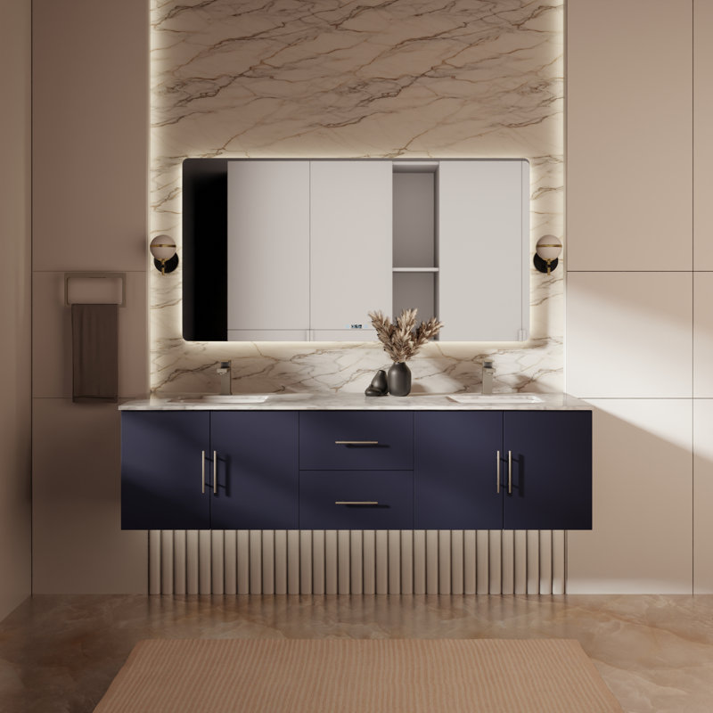 Geneva 72 in W x 22 in D Double Bath Vanity and 30 in LED Mirrors, Navy Blue