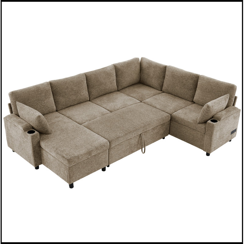 Canapé modulaire avec grand espace de rangement, deux porte-gobelets et ports de chargement, Brun