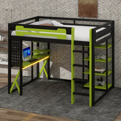 Lit mezzanine double en bois avec lumière RVB et tablettes