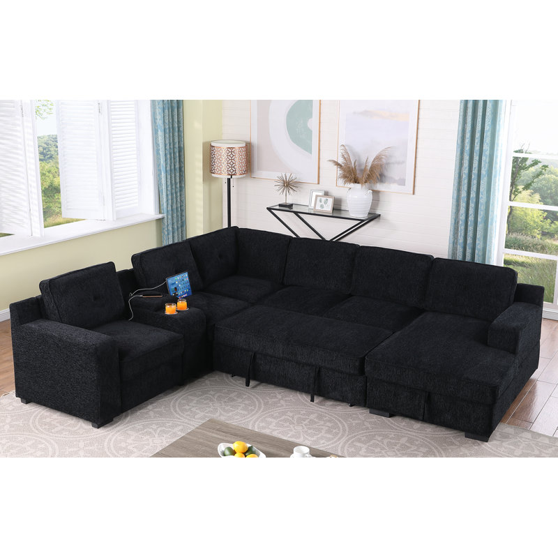 120" Chenille Suqare Arm Sectional Sleeper Sofa U Shaped Sectional Sofa With Pull Out Sleeper Bed With Storage Chaise