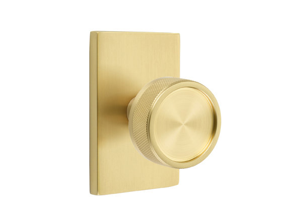 Ensemble de boutons Emtek Select avec rosette rectangulaire moderne, tige conique et bouton moleté, Laiton satiné, Privacy