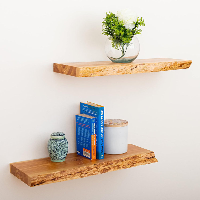 Rustic Floating Shelves Set Of 2, Live Edge Wood Wall Shelves For Farmhouse Decor, Handcrafted Cedar Wood Shelves With Steel-Coated Hidden Brackets, Hand Finished And Sealed