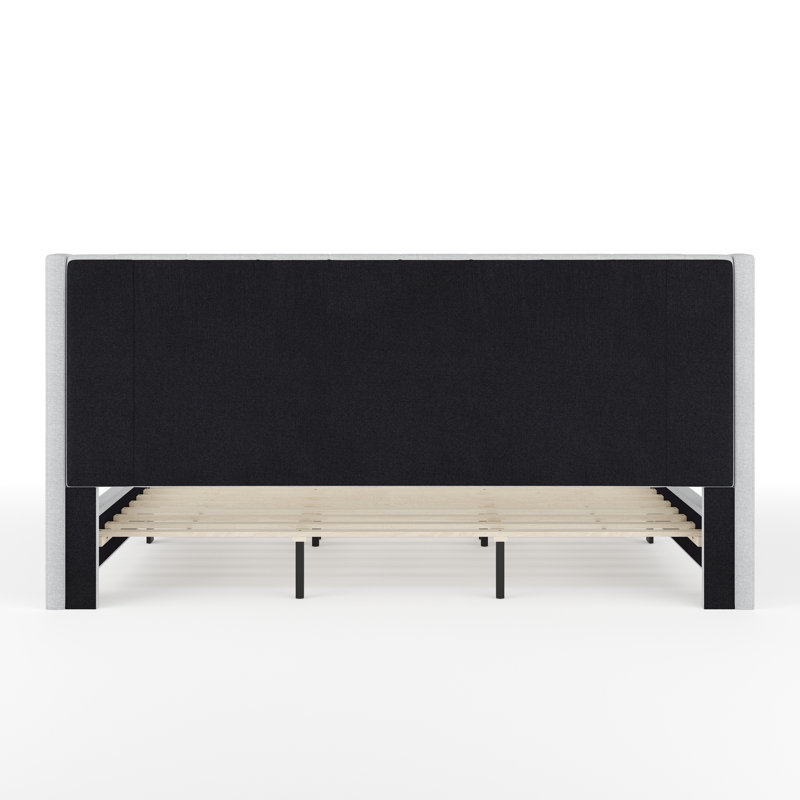 Gray King Upholstered Platform Bed with Linen Wingback Headboard
