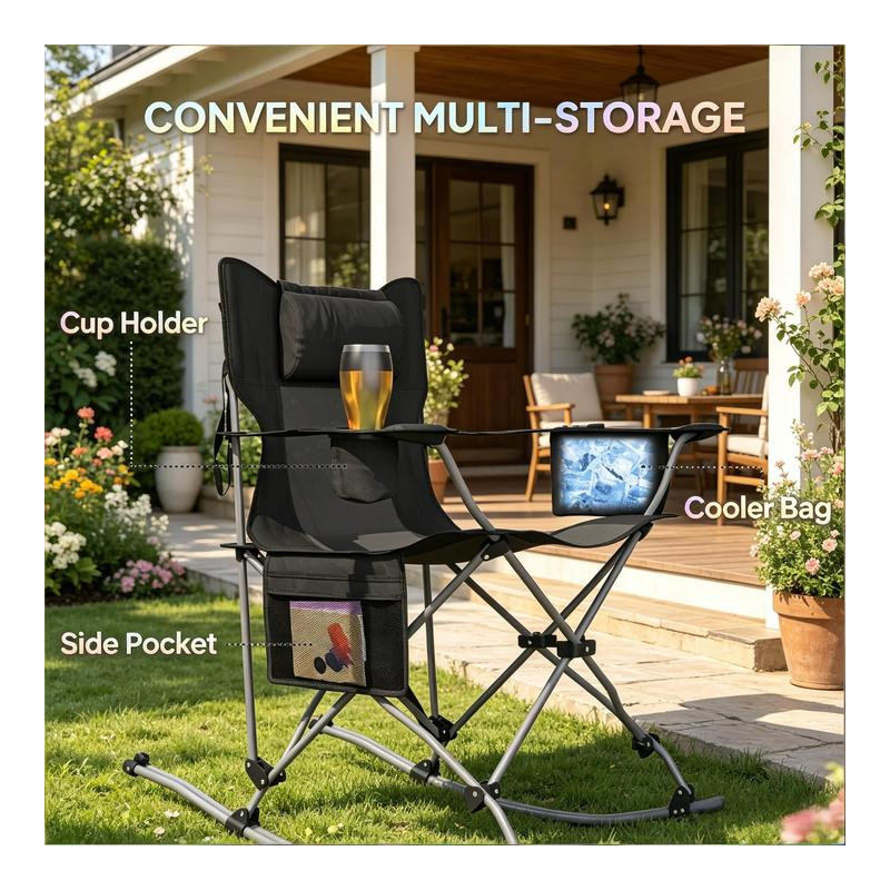 Outsunny Set of 2 Portable Folding Rocking Camping Chairs with Padded Headrest & Cooler Bag, Black, Black