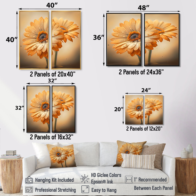 "Orange" et marguerites blanches I - art mural traditionnel bleu 2 pièces, Brun, H 36 po x l 48 po