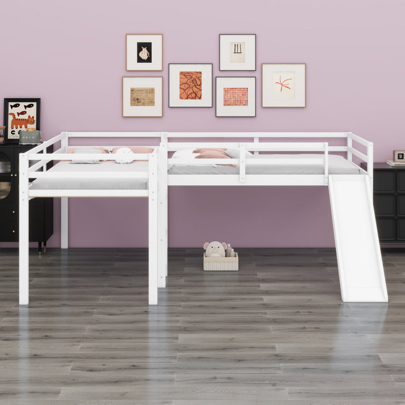 L-Shaped Loft Bed With Ladder And Slide, White