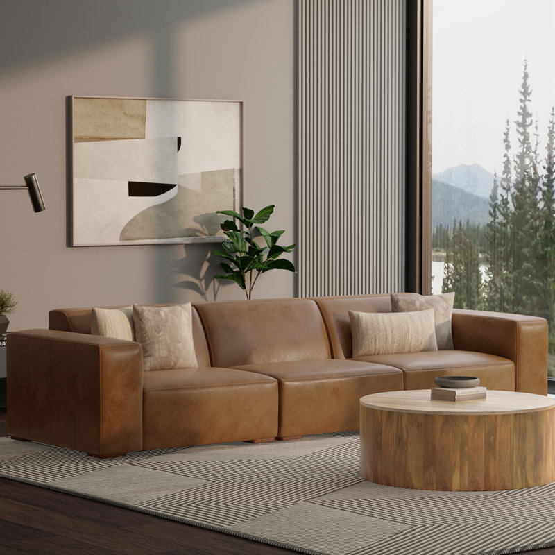 Rex 122" Genuine Leather Modular Sofa, Caramel Brown Genuine Leather