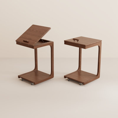 C-Table End Table with Flip Top and Hidden Storage, Solid Wood Side Table on Wheels for Living Room and Bedroom