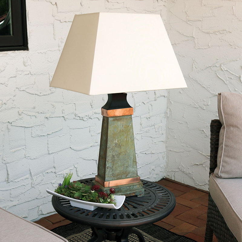 Wallach 30" Natural Slate Outdoor Table Lamp with White Shade and Copper Accents