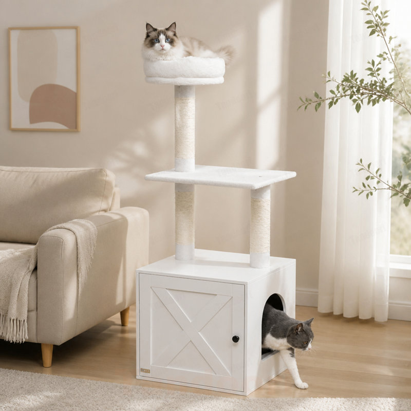 White  Cat Tree with Litter Box Enclosure