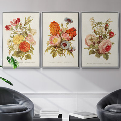 Antique Floral Bouquet I, ensemble de 3 toiles encadrées