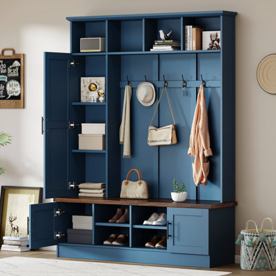 3-In-1 Hall Tree With Bench And Shoe Storage, Farmhouse Storage Bench With Adjustable Shelves, Modern Entryway Coat Rack With 6 Hooks Multiple Storage Space For Mudroom, Living Room