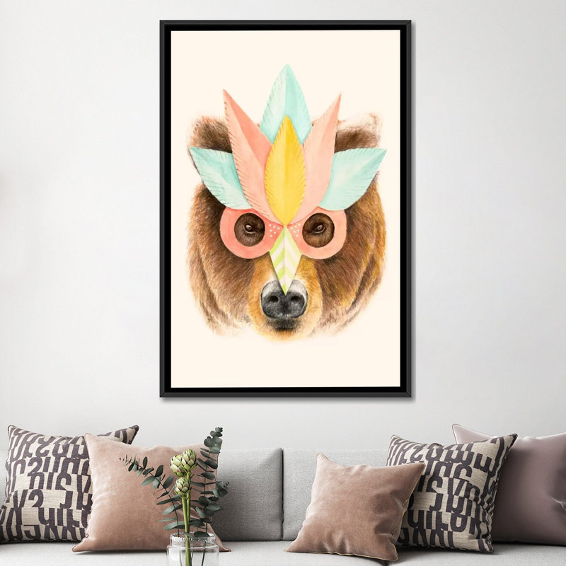 « bear paper mask », impression sur toile, H 26 po x l 18 po x P 1,5 po, Toile avec cadre noir, Pas de tapis