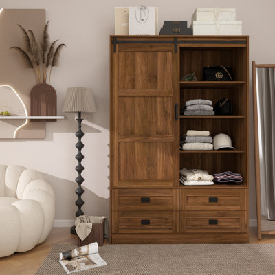 Wardrobe Closet With 4 Drawers, Large Storage Bedroom Armoires With Sliding Door And Hanging Rod For Bedroom