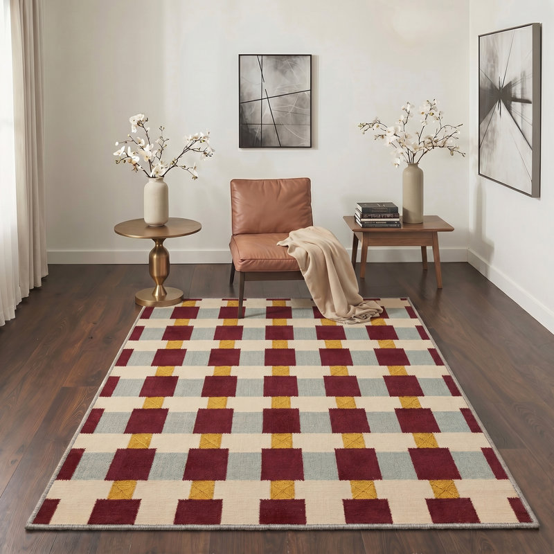 Tapis intérieur beige / jaune / rouge lavable à la machine avec envers antidérapant Ahn Basketweave, Rectangle 6 pi x 9 pi