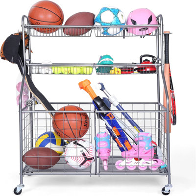 Garage Sports Equipment Organizer, Ball Storage Rack, Toy Storage, Nerf Gun Organization On Wheels For School, Garage, Black, Steel (Grey)