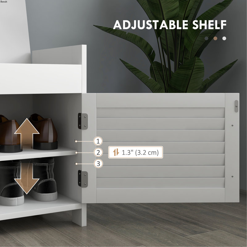 White Entryway Shoe Storage Bench with Gray Cushion and Shutter Doors