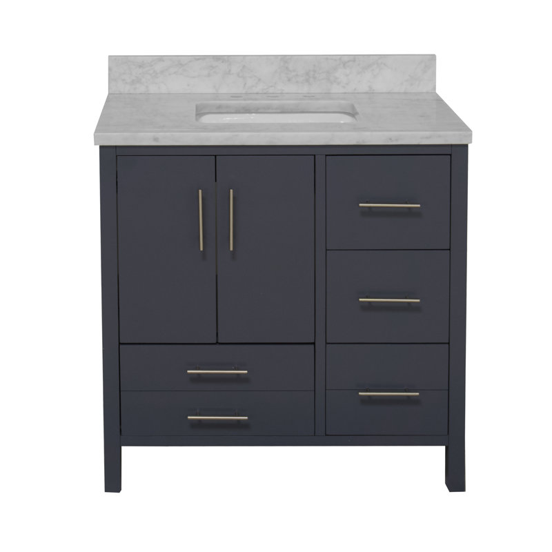 Ensemble de meuble-lavabo simple 36 po Kiara, Gris marine, Marbre de Carrare