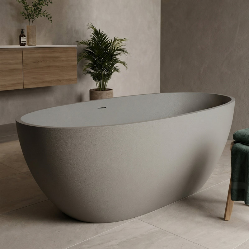 55" Freestanding Soaking Bathtub, Stone Resin, Ergonomic Back Support, Pop-Up Drain, Gray