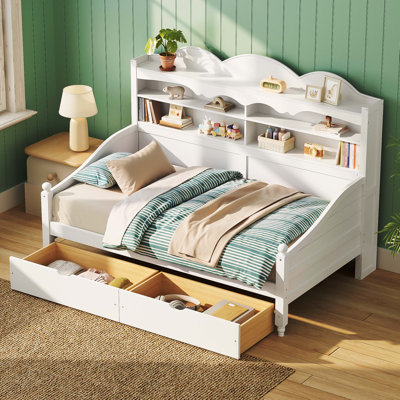 Lit de jour simple avec tiroirs de rangement, lit de jour en bois avec étagère de rangement, style rétro, convient aux chambres à coucher, aux salons et aux chambres d'amis, sommier non requis et simple à assembler, blanc