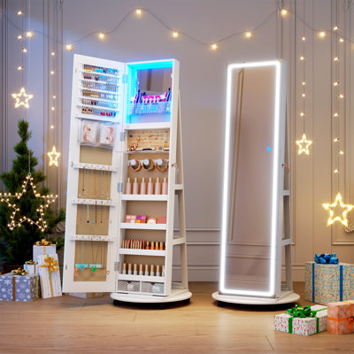 14.6"W LED Jewelry Storage Cabinet, Rotatable Full Length Mirror Jewelry Armoire Organizer with Christmas Tree Key