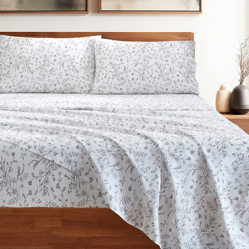 Draps 100% coton, Ensemble de draps pour grand lit avec 2 taies d'or, Floral gris clair
