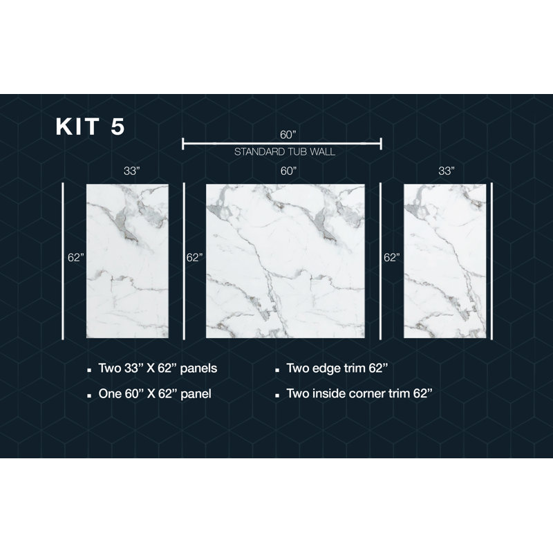Polymarm 60" W 62" H 33" D Three Wall Composite Shower Tub Wall Panel Surround, Calacatta Gray
