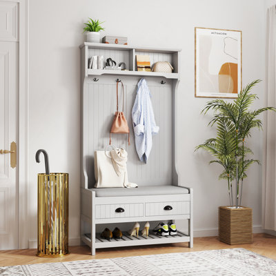 Arbre d'entrée 3 en 1 avec 2 tiroirs de rangement et 4 portemanteaux, banc de rangement pour chaussures en bois avec coussin de siège rembourré, banc de vestibule avec tablette de rangement supérieure (gris)