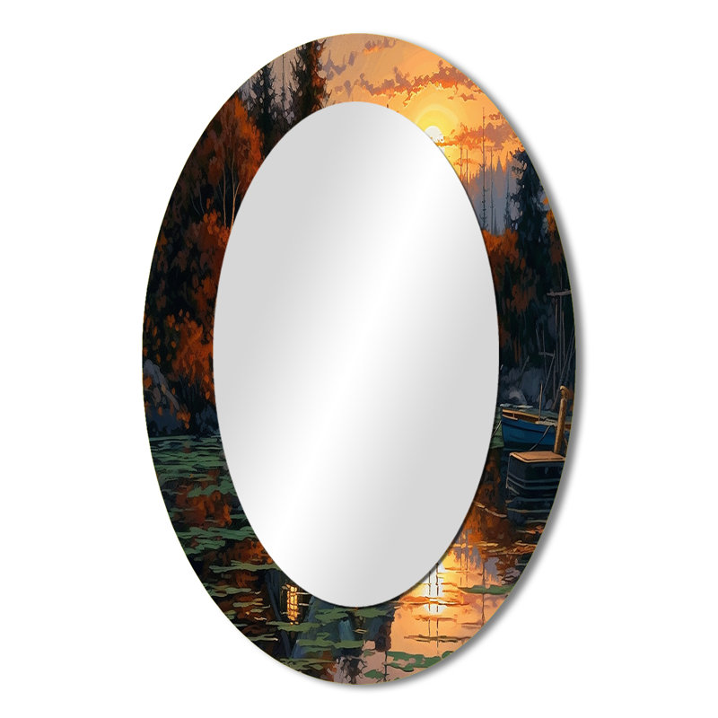 Autumn Sunset Cottage I - Landscapes Oval Decorative Mirror On Metal, 36" x 24"