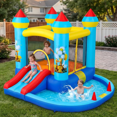 Animal-Themed 5-in-1 Inflatable Bounce House with Slide, Ball Pit, and Blower – Indoor/Outdoor Kids' Play Center