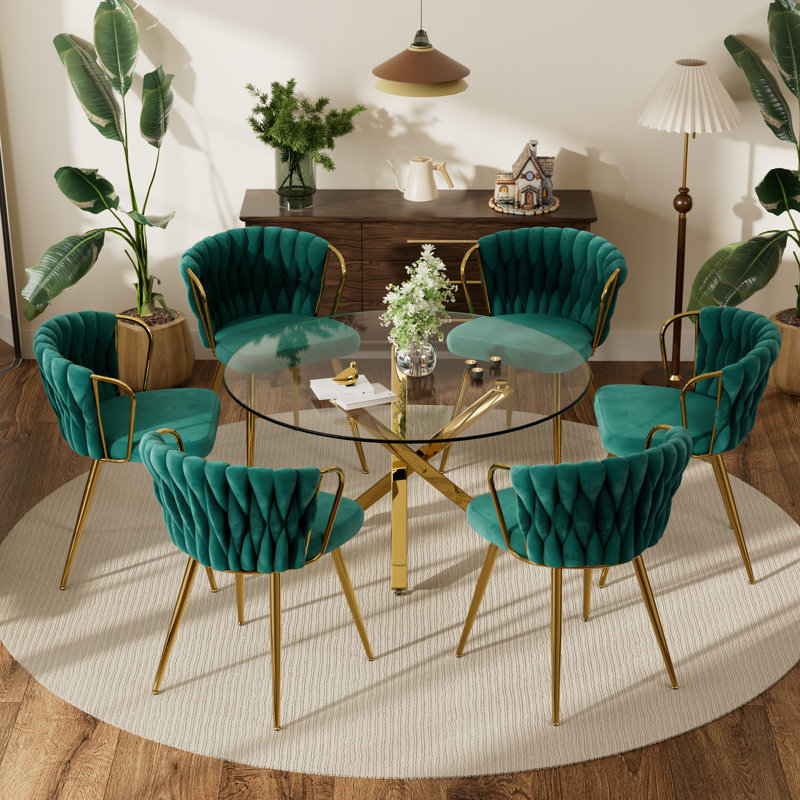 47in Glass Top Pedestal Dining Set, Beige, 7 Pieces: Table, 6 Chairs, Gold