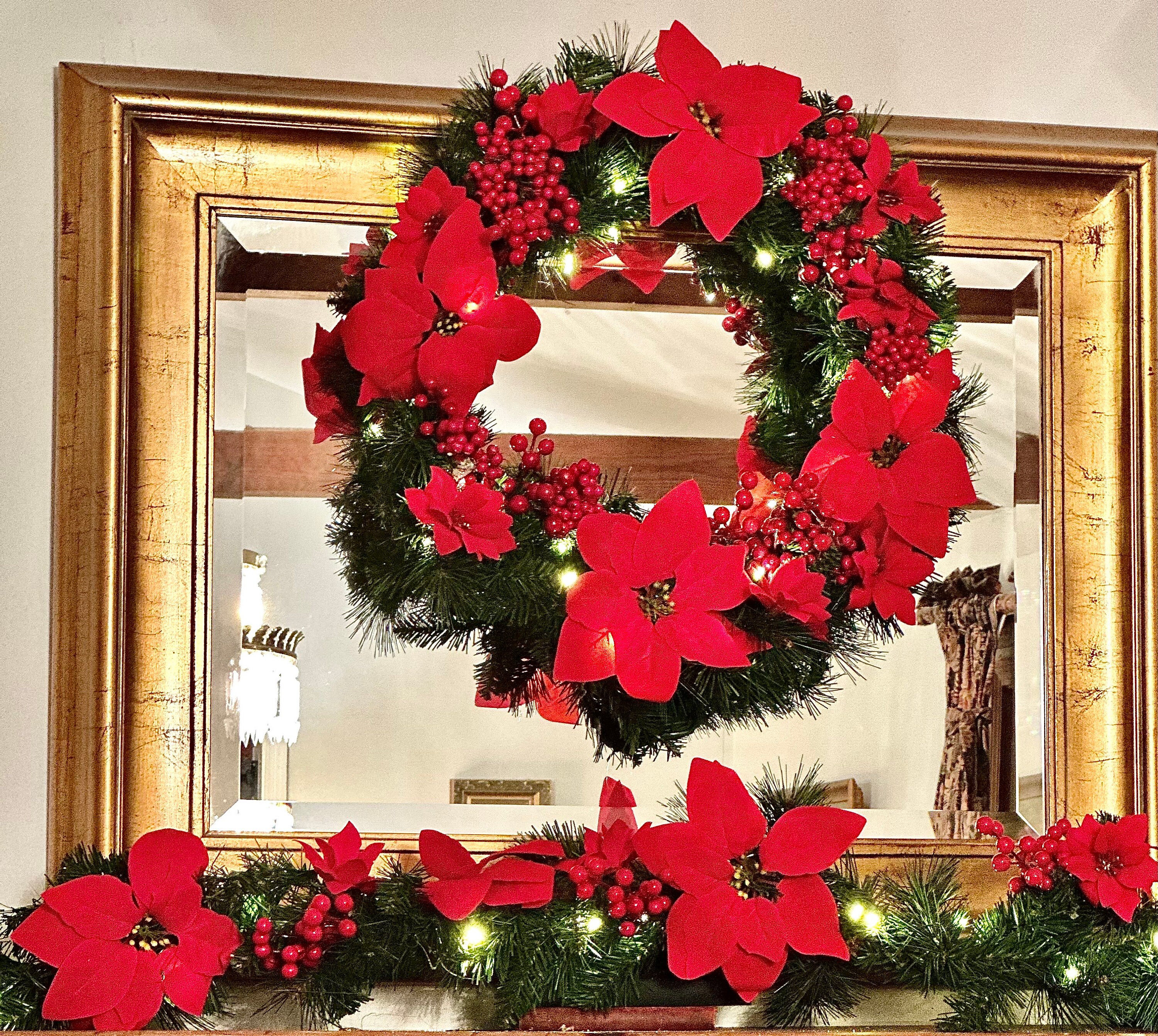 Canora Grey Two Piece Pre-Lit Red Poinsettia Christmas Wreath and ...