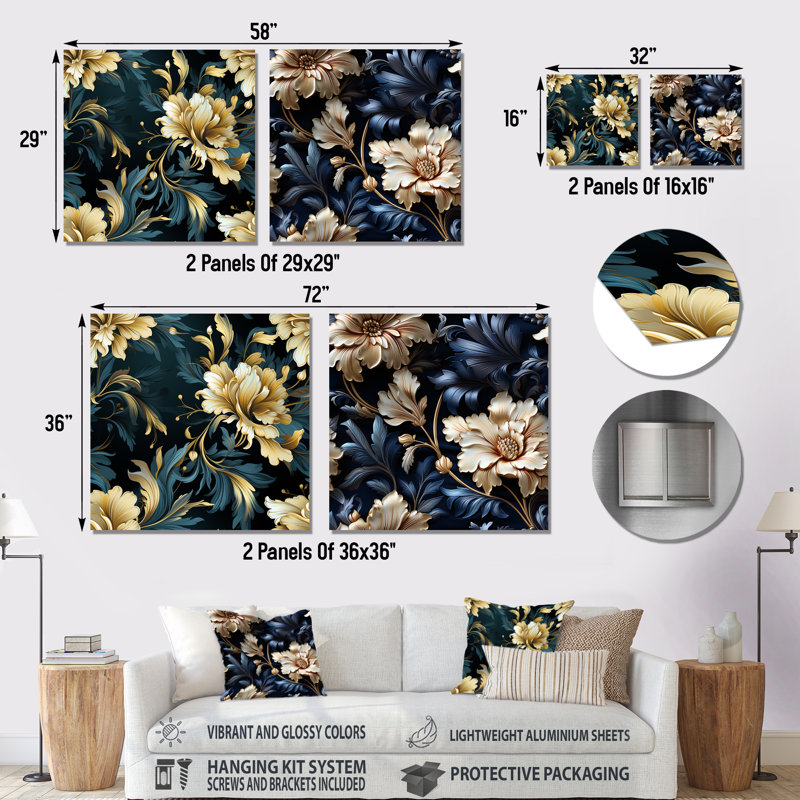 Luxueux motif damassé noir et beige II, H 16 po x l 32 po
