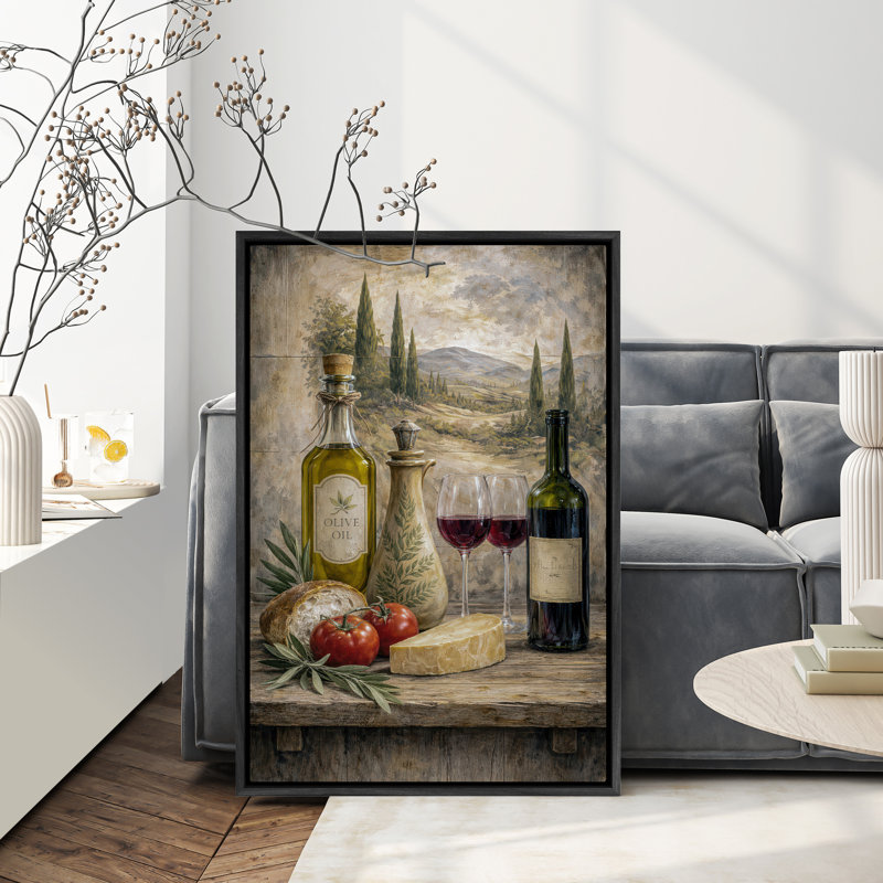 «Tuscan Wine and Olive Olive Still Life», art mural encadré, 36" H x 24" W, Black