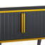 Meuble télé moderne avec tablette de rangement ouverte, compatible 85 po, armoires et tiroir, panneau de particules, rangement noir et doré, doré, tiroir