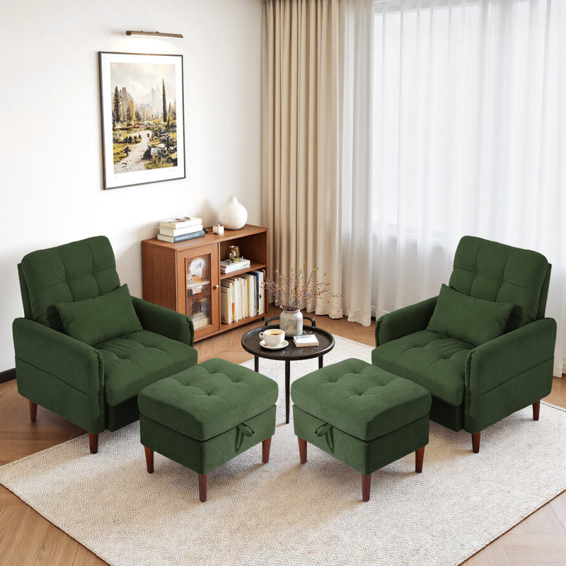 Upholstered Armchair with Footstool, Green
