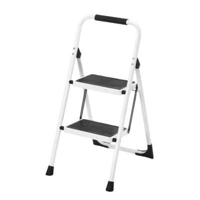 Échelle 2 marches, escabeau pliant avec pédale large et antidérapante, escabeau léger avec mains courantes, portable pour la cuisine, la maison, 330 lb, blanc