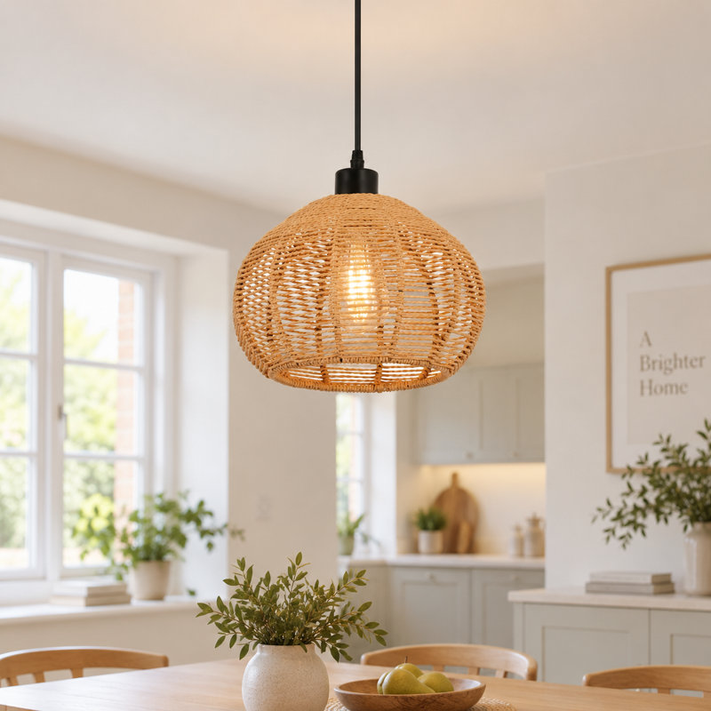1 - Light  Rattan Farmhouse Bohemian Single Globe Pendant, 18cm H X 25cm W X 25cm D